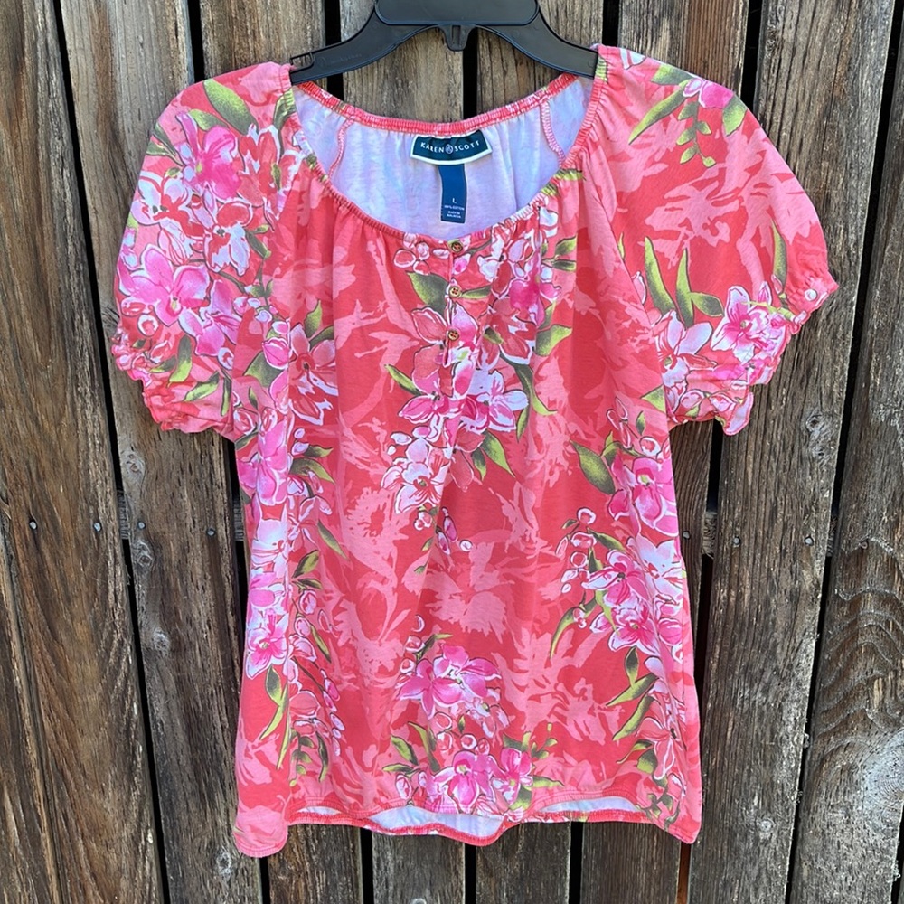 Karen Scott Top Large Peasant Flowers Orange Peach Short Sleeve Elastic Waist